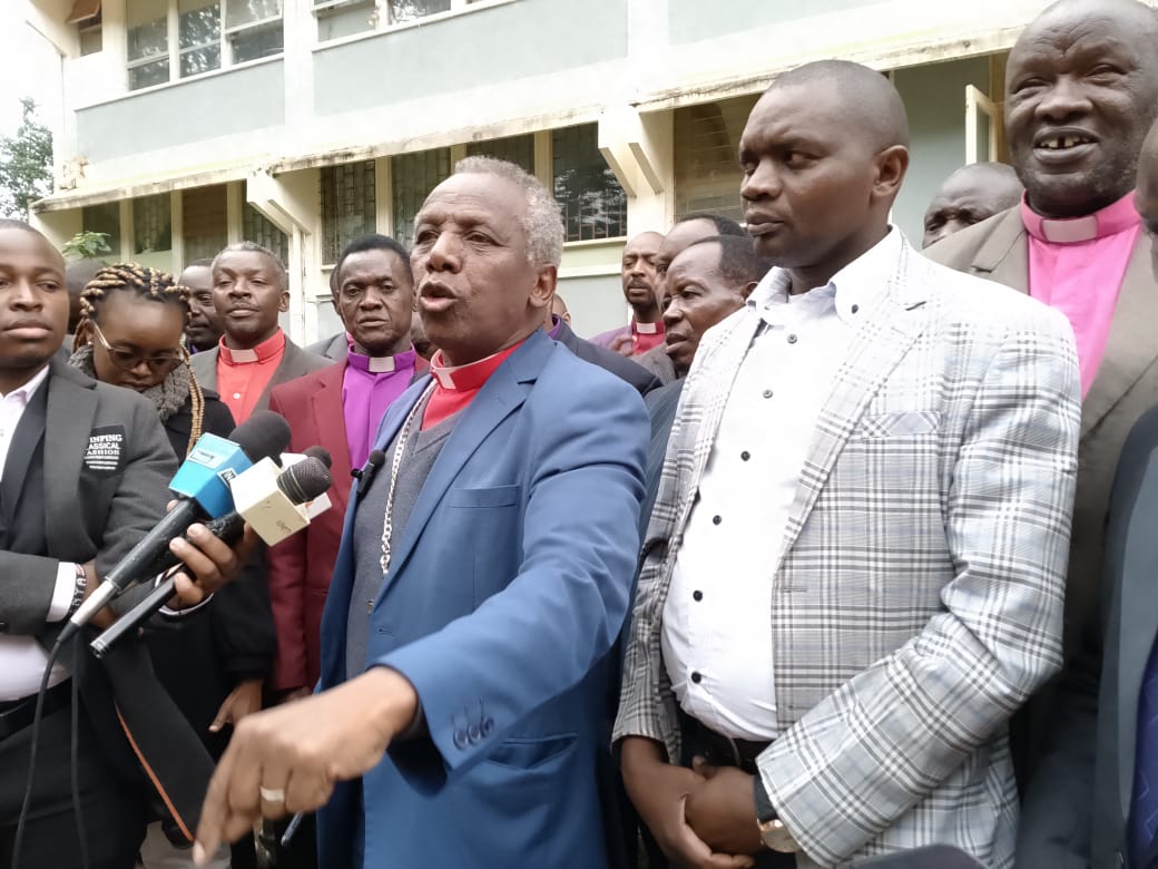 Bishop Njoroge Munyori of Four Square Church who led a delegation of Pentecostal Church leaders from Nyeri County, adressing the media