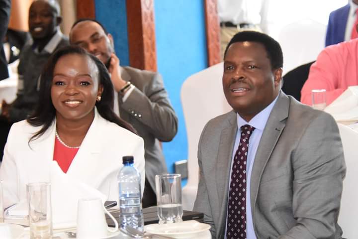 Cabinet Secretary Deborah Mulongo Barasa with Council of Governors Health Committee chairman and Tharaka Nithi County governor Muthomi Njuki during yesterday's forum.