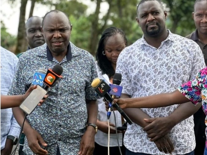 Felix Koskei (left) addressing journalists at Kaimosi Farmers Training Centre