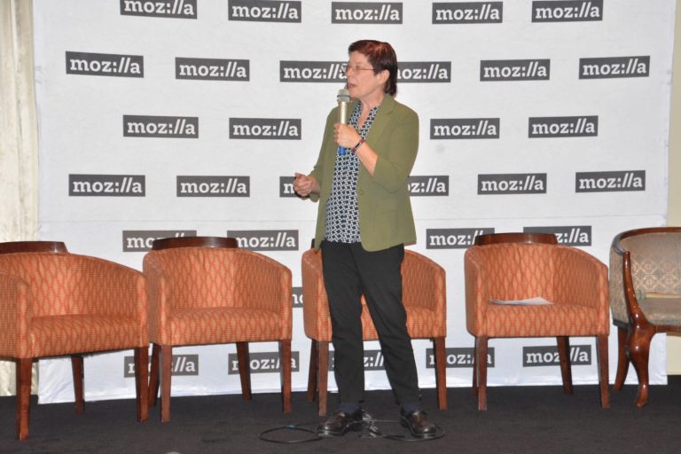 Mitchell Baker, chair of the Mozilla Foundation, delivering a keynote address that focused on the global implications of responsible AI.