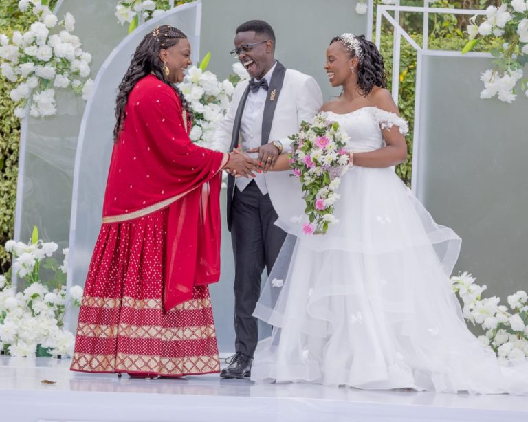 Pastor Dorcas Rigathi congratulating newlywed Edwin and Teresa Munyiri on Saturday. Edwin is a son to Kenya's Ambassador to India, Economist Peter Maina Munyiri.