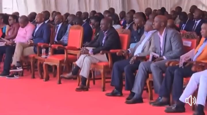 President William Ruto sitting beside an empty chair that was reserved for Deputy President Rigathi Gachagua at Ngangarithi Primary School near Nyeri town yesterday.