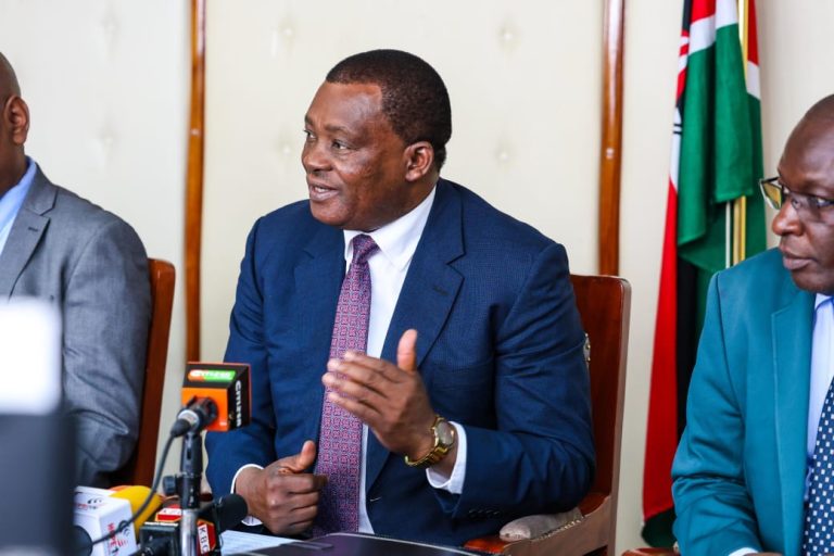 Public Service and Human Capital Development Cabinet Secretary, Justin Muturi, addressing the media at his office in Nairobi