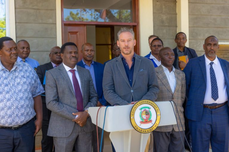 Tharaka Nithi Deputy Governor Nyaga Muisrael, County's Governor, Muthomi Njuki and French Ambassador Kenya, Mr Arnaud Suquet