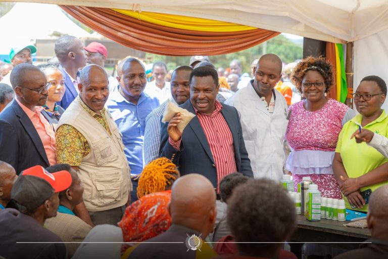 Tharaka-Nithi Governor Muthomi Njuki (in red shirt) during launch of farmers expo at Itugururu Agricultural Training Institute yesterday.