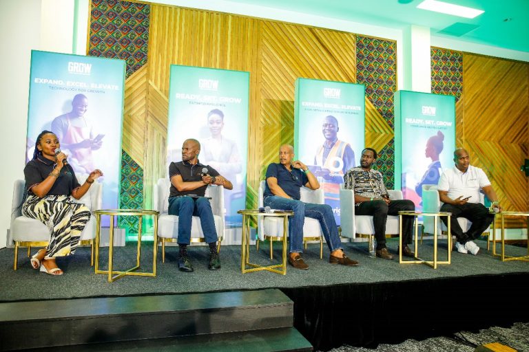 Safaricom Business Fixed Data Lead, Victor Mbuthia, Co-founder SNDBX WYLDE, Joram Mwinamo, Group Director of Operations-Pollmans Tours & Safaris, Mohammed Hersi and Safaricom Plc, Head of Sales, Small and Micro Enterprises, Frankline Okata in a panel discussion Moderated by Safaricom Plc, Victoria Wangeci (Left-Right) during the Safaricom grow my business event in Mombasa.