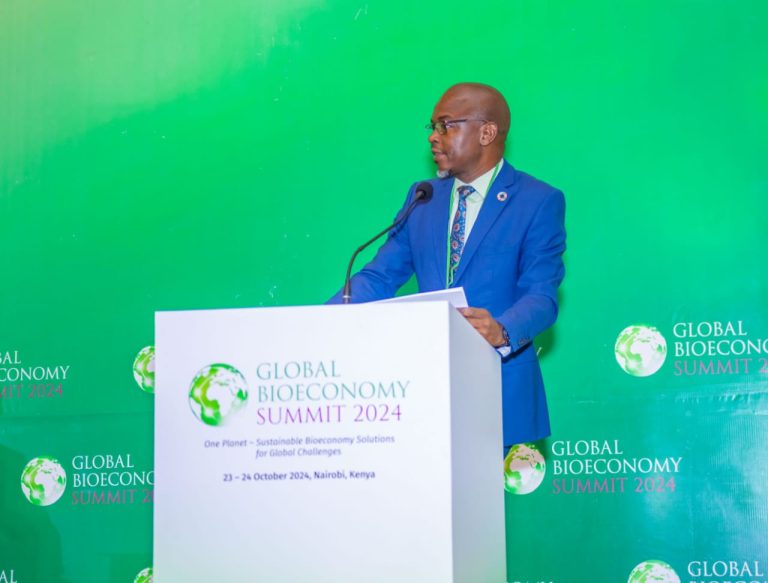 Agriculture CS Andrew Karanja issuing his address at the Global Bio economy summit 2024 in Nairobi