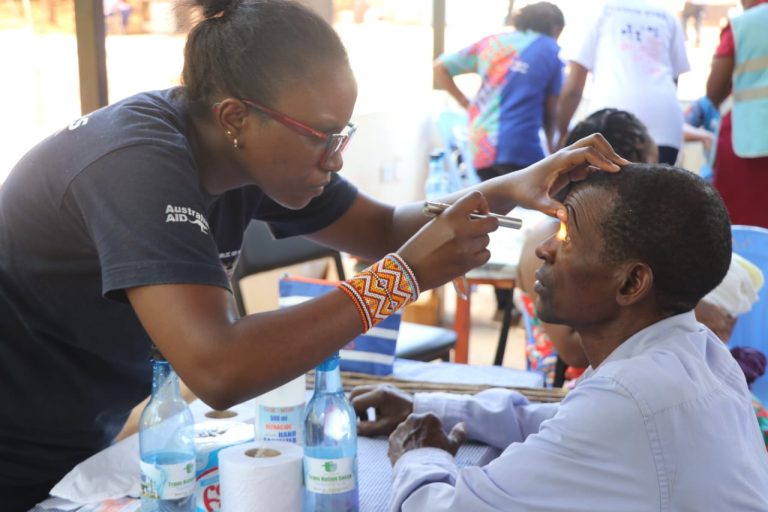 An eye specialist attending a patient at Marimanti Level Four Hospital during World Sight Day on Friday