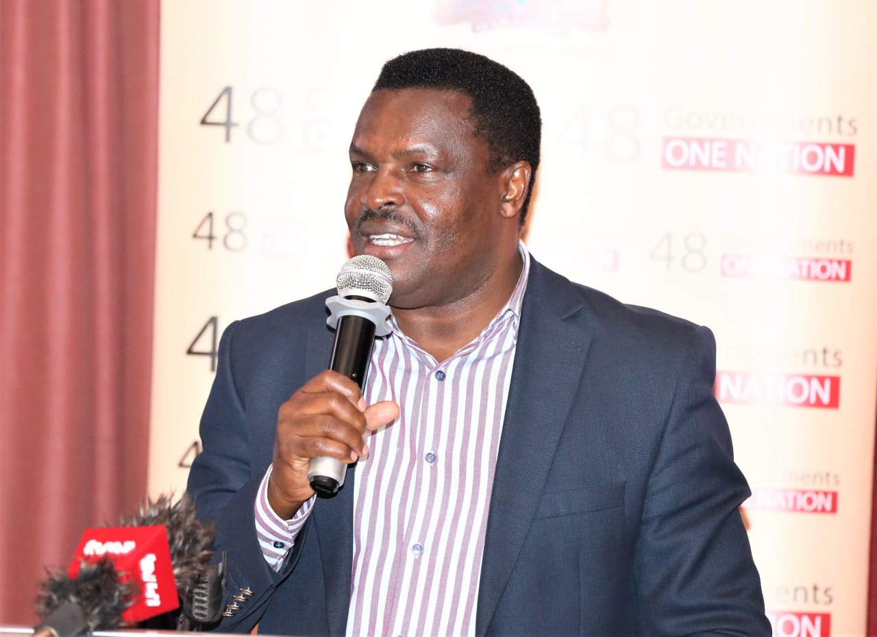 Council of Governors' Health Committee Chairperson and Tharaka-Nithi Governor Muthomi Njuki addressing health sector stakeholders at a conference in Naivasha yesterday