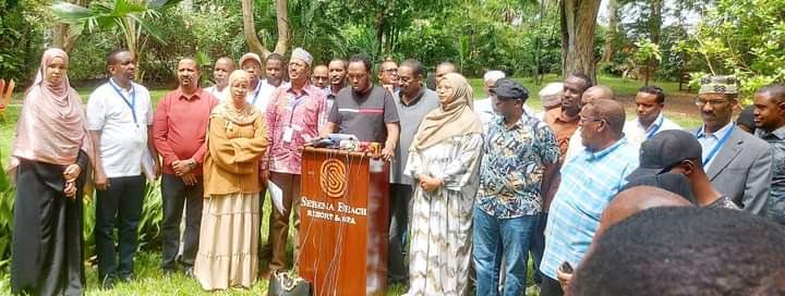 Members of the North-Eastern group briefing journalists after the meeting.
