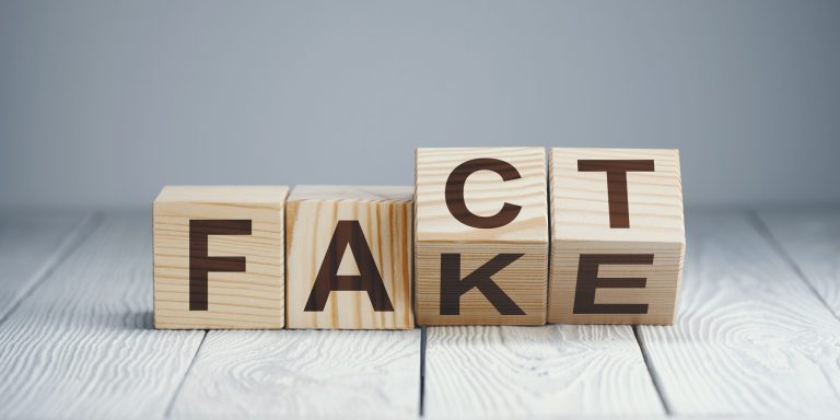 Wooden blocks with letters forming words "Fact" and "Fake" on ne