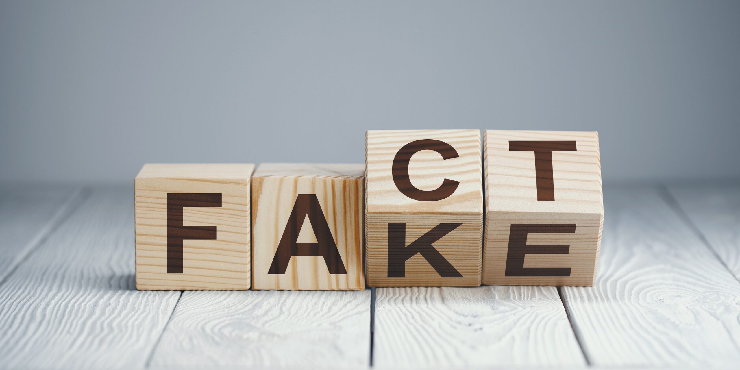 Wooden blocks with letters forming words "Fact" and "Fake" on ne