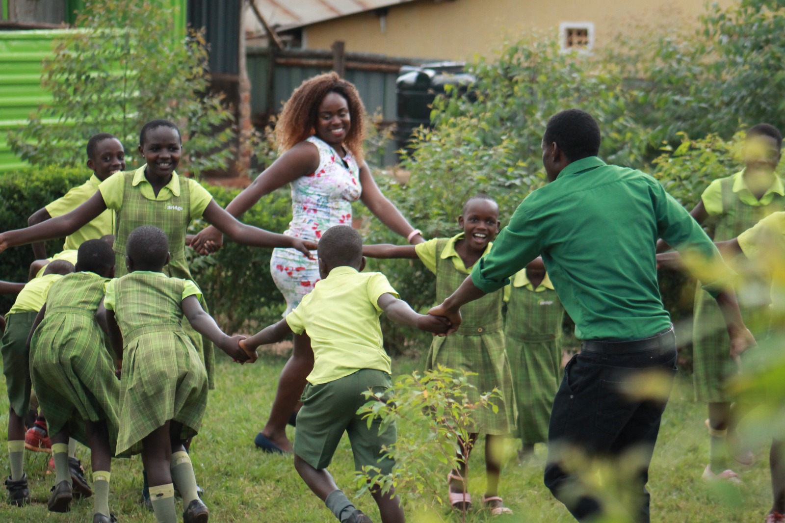 Teachers and pupils in an outdoor activity