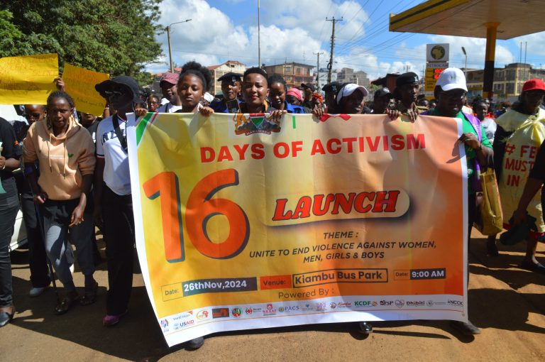 Activists of the sexual and gender based violence march in Kiambu town streets in a campaign to speak out to end the vice during the next 16 days.