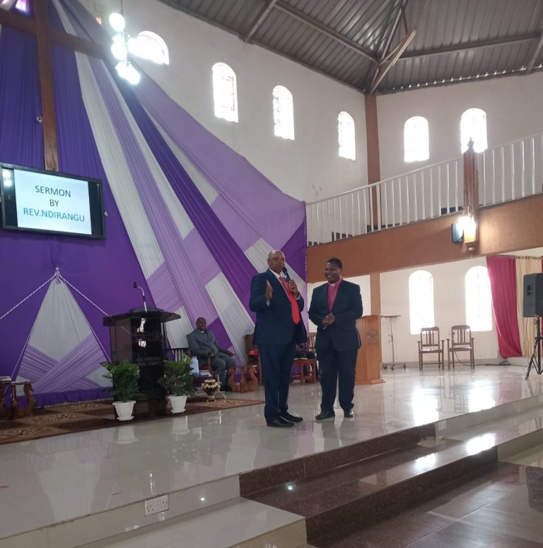 Bishops Geoffrey Gichure (left) and Bishop Fundi Mwai at AIC Kirenga Church yesterday.