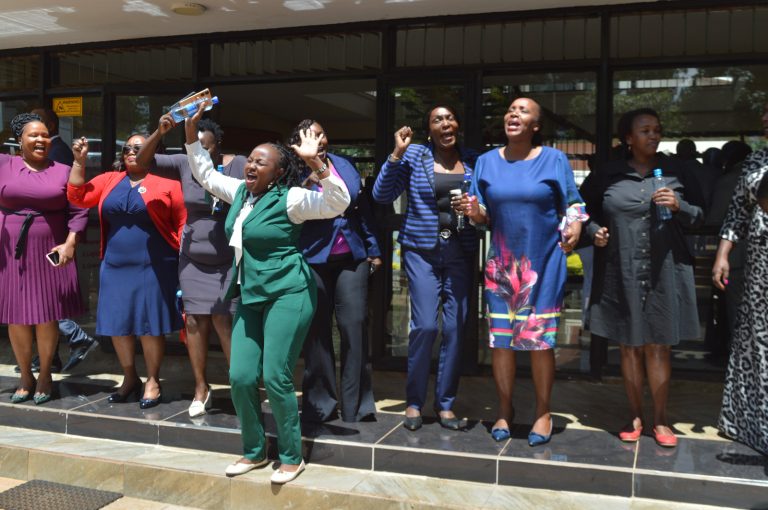 Nominate MCAs celebrating outside the Kiambu County Assembly after the court issued conservatory orders to suspend the debating and passing of a motion that seeks to ammend standing orders to allow voting through