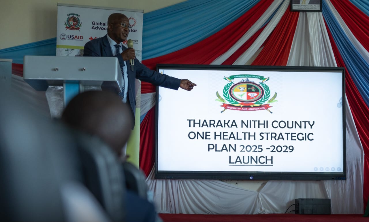 Tharaka Nithi County’s Health Executive, Dr Gichuyia Nthuraku explaining a point during the launching exercise.