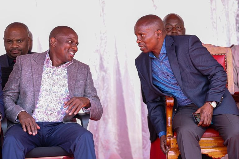 Deputy President Prof Kithure Kindiki with National Assembly Majority Leader Kimani Ichung’wah in Naivasha yesterday