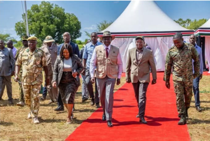 President William Ruto with Deputy President Kithure Kindiki, Tourism CS Rebecca Miano, Meru Governor and KWS Director General in Meru yesterday.