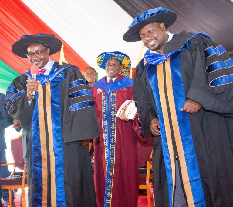CS Education Julius Ogamba Migos, Kitutu Chache North MP Japheth Nyakundi during the inaugural graduation ceremony of Riragia Technical and Vocational College (1)
