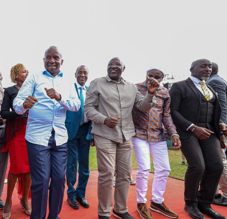 Deputy President Prof Kithure Kindiki and Othaya MP Wambugu Wainaina alongside other leaders