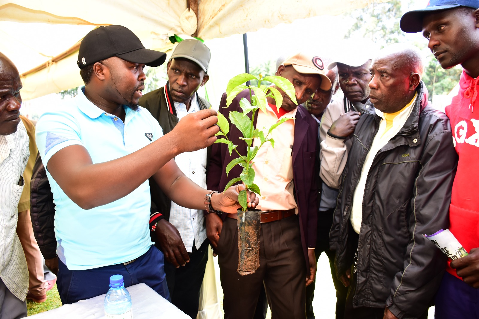 Emmanuel Tarbei, Extension Officer at Sireet Outgrowers Empowerment Project, holds a coffee seedling during the EPK's biannual Farmer's Field Day