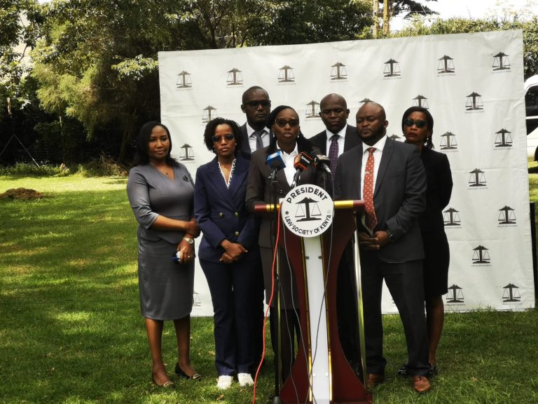 Faith Odhiambo alongside Law society of Kenya members issuing their statement to the media
