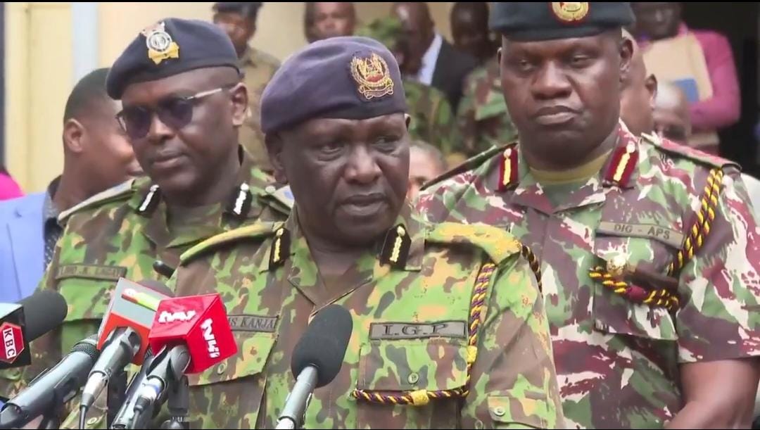 In picture, the Inspector General of Police Douglas Kanja, alongside his Deputy Inspector Generals Gilbert Masengeli and Eliud Lagat