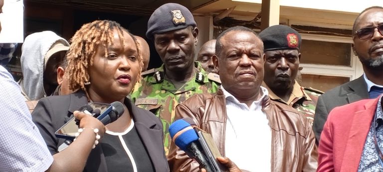 Meru Deputy governor Linda Kiome and Kenya National Chamber of Commerce Meru Branch chairman Joshua Mungania.