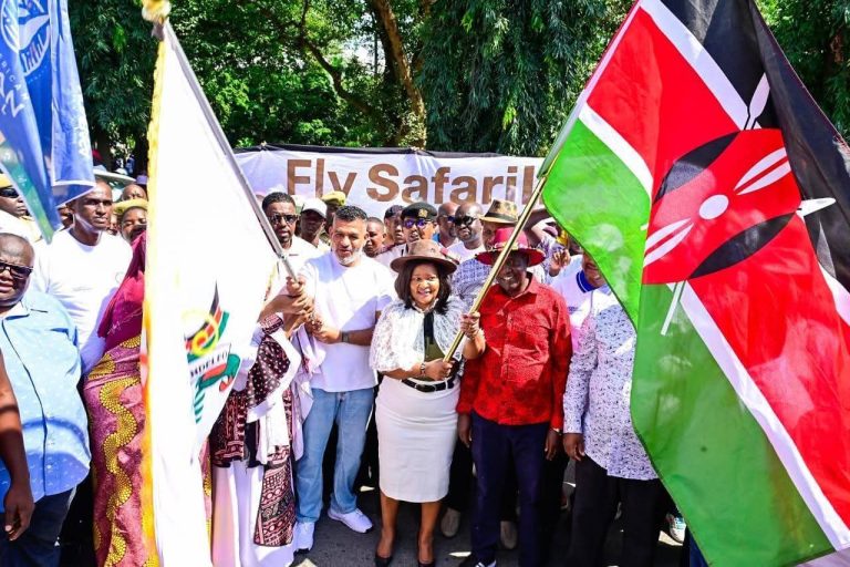 CS Rebecca Miano with Mombasa governor Abdullswamad Sherrif Nassir at Mama Ngina Waterfront on Saturday.