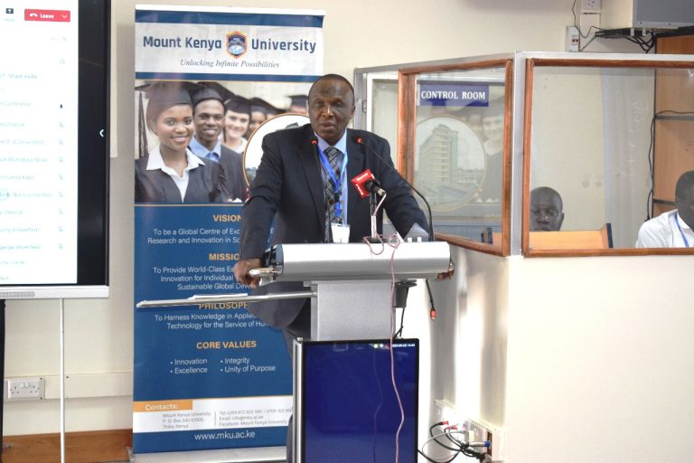 MKU Vice Chancellor, Prof Deogratius Jaganyi, adresses an interdisciplinary conference on agriculture and health innovations held at the MKU Nakuru campus.