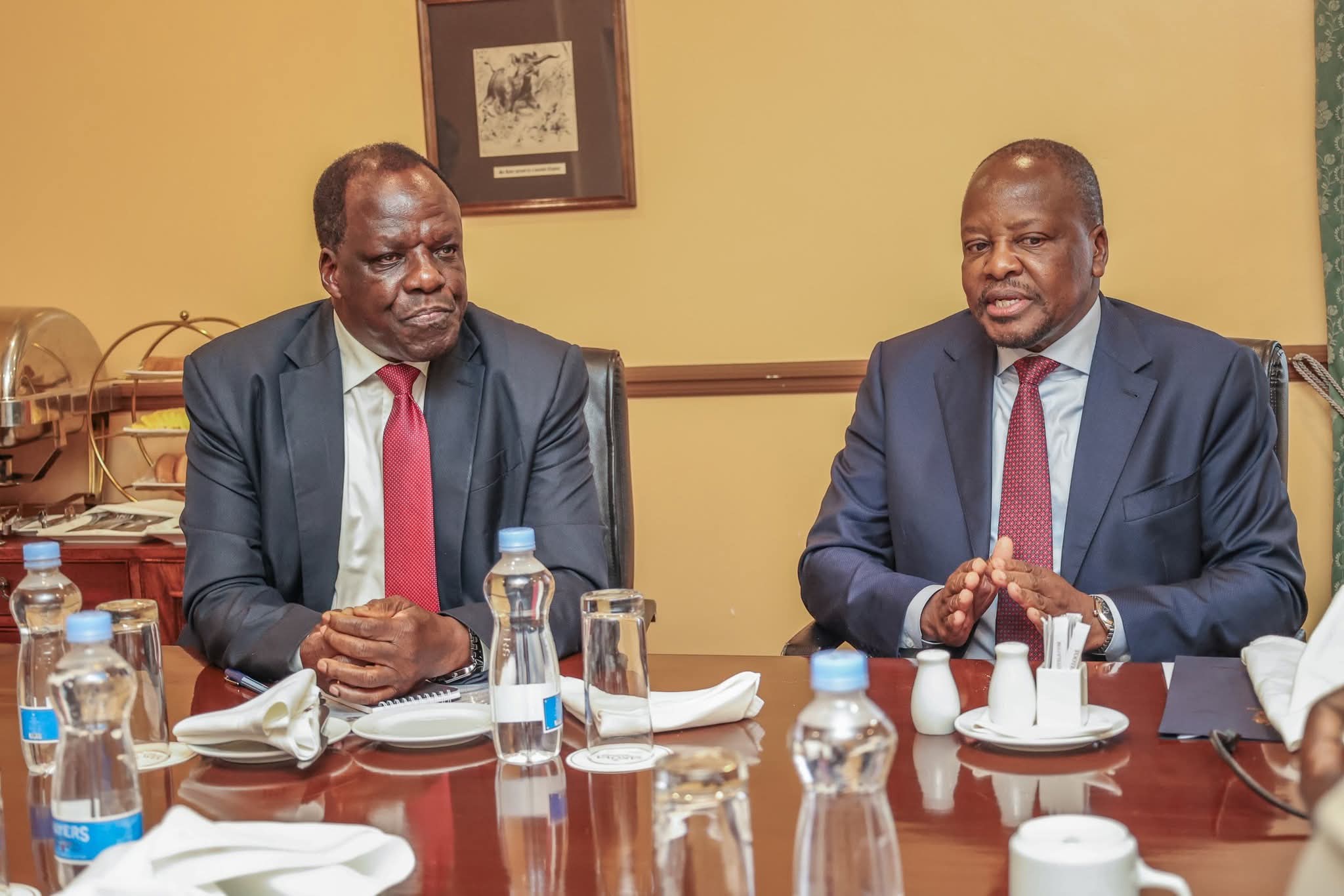 CSs Wycliffe Oparanya and Mutahi Kagwe in Nairobi yesterday.
