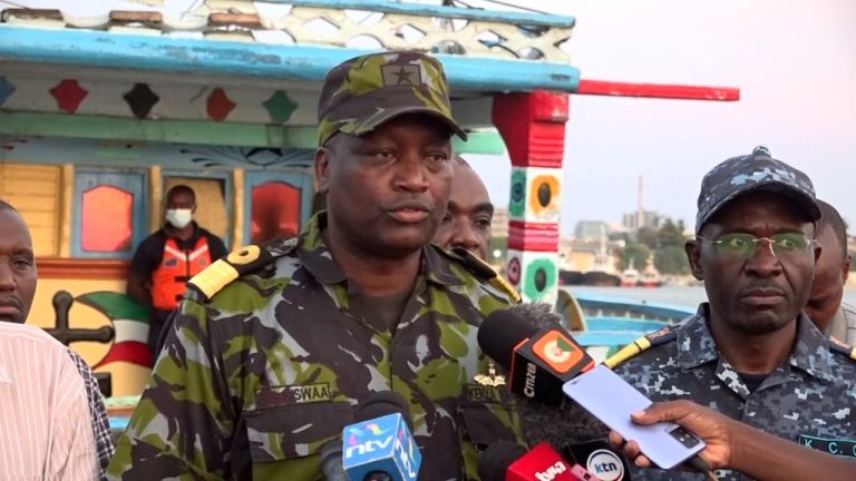 Deputy Commander of the Kenya Navy, Brigadier Sankale Kiswaa addressing the media.