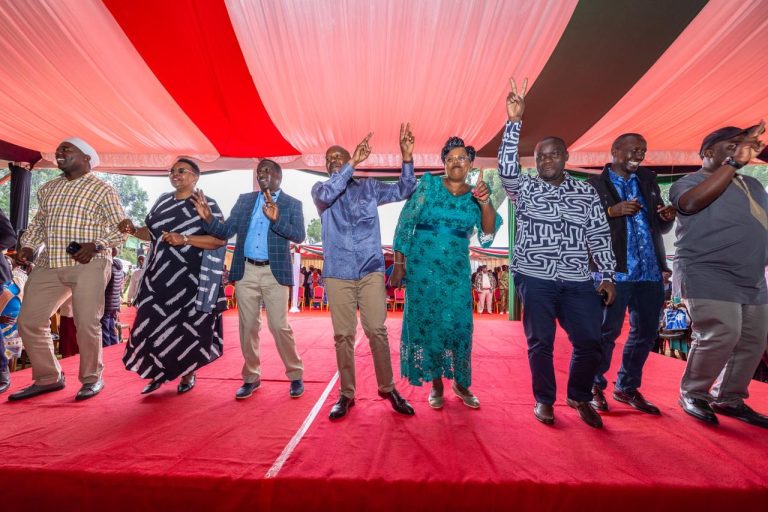 Deputy President Prof Kithure Kindiki joins other leaders in a jig while in Kangema constituency on Friday.