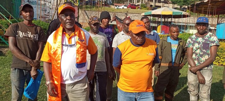 Kiambu county ODM party branch leaders Lawyer Ndiba Kihara and Jimmy Komu during a press briefing in Kiambu yesterday.