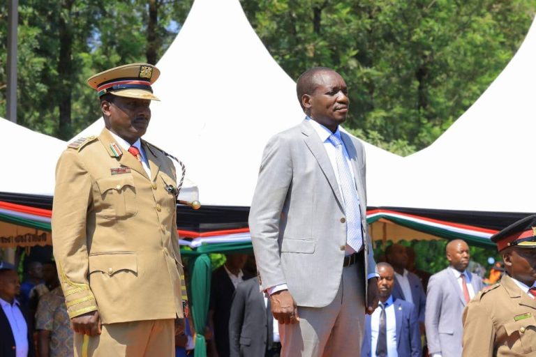 Kisii governor Simba Arati with area County Commissioner Joseph Kibet yesterday.