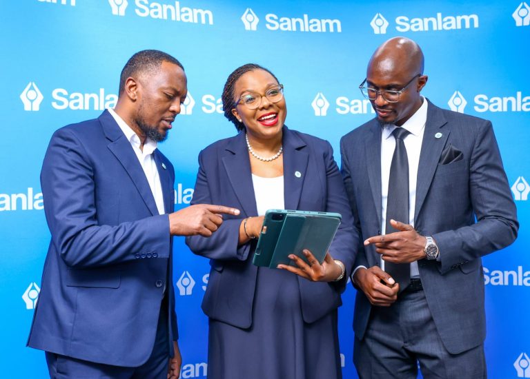 Sanlam Life Head of Innovations Isaac Mwangi (left) with Sanlam Life CEO Jacqueline Karasha (centre)