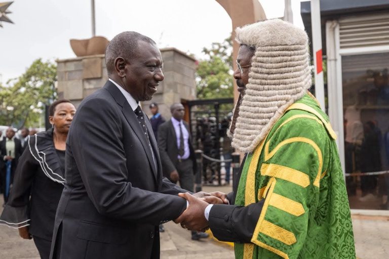 Speaker Wetang’ula receiving President William Ruto and First Lady Rachel at Parliament Buildings on Friday.