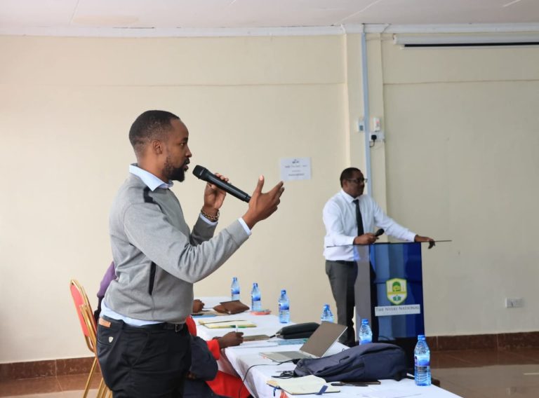 The Nyeri National Polytechnic Chief Principal Dr David Mwangi (right) at the forum yesterday.