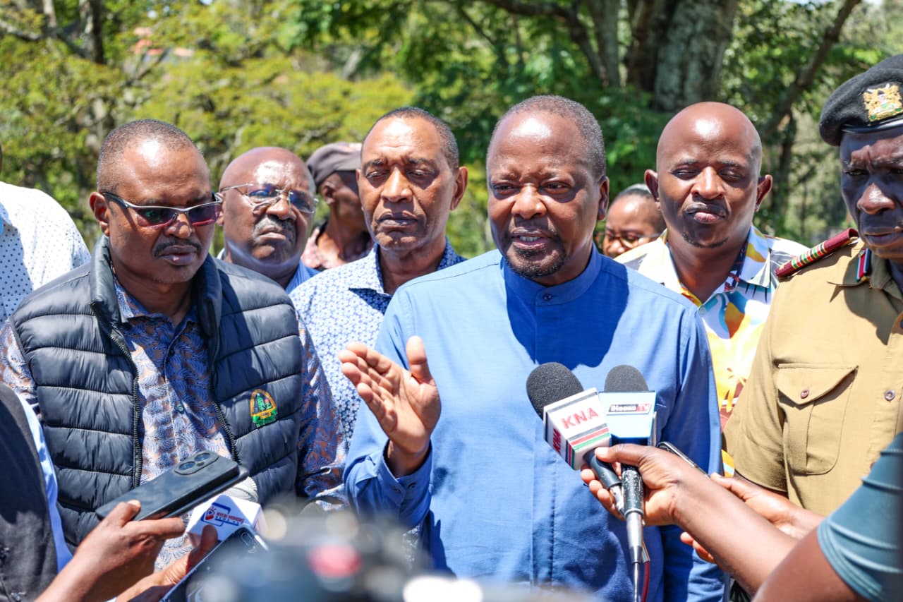 Cabinet Secretary Mutahi Kagwe addressing journalists in Nyeri yesterday.