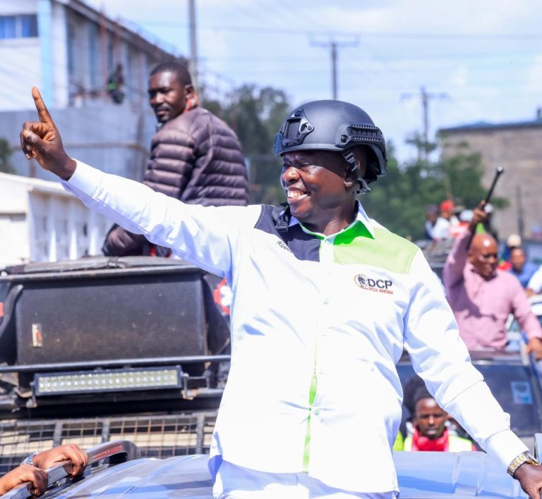 DCP Party Leader Rigathi Gachagua wearing a helmet in Narok town yesterday.