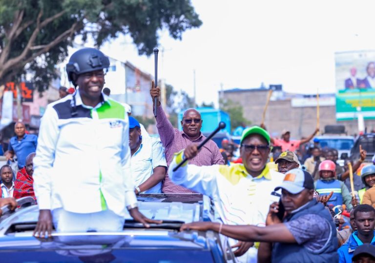 DCP Party Leader Rigathi Gachagua with his party's Narok Town ward candidate Douglas Masikonde.