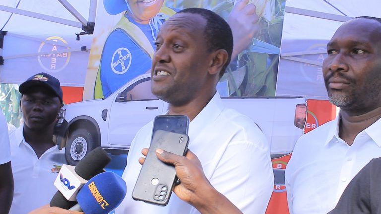 Bayer East Africa Managing Director John Kanyingi addressing the press during the launch of the National Pick-Up Promotion Campaign in Kisii County