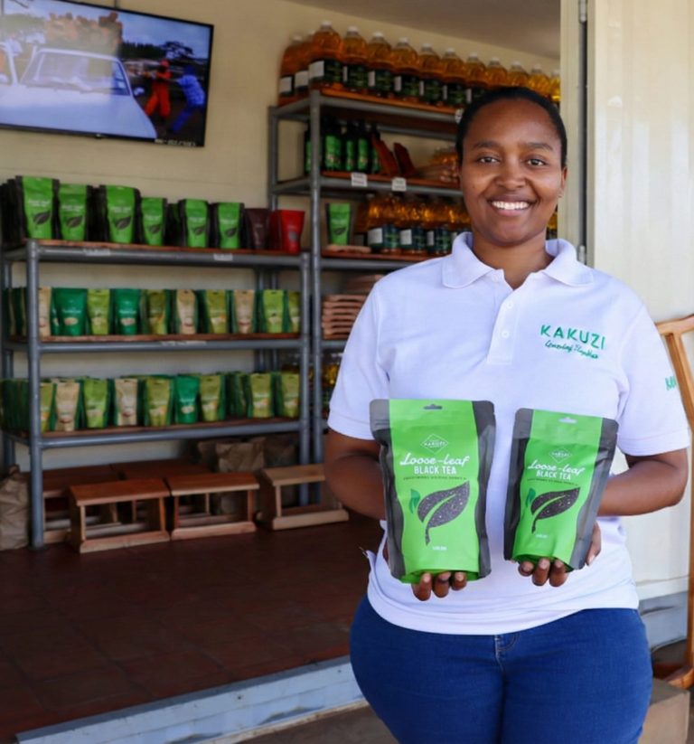 Kakuzi Plc Brand Manager Michelle Dora Wanjiku displays the new Kakuzi Pure Black Tea packs.