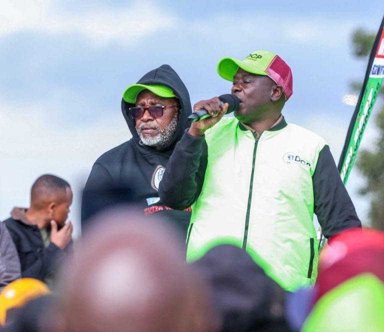 DCP leader Rigathi Gachagua addressing Buuri constituency residents as former Cabinet Secretary Mithika Linturi looks on.