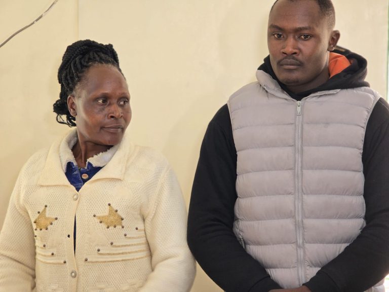 Nelly Jemutai and Cecil Kiplimo at the Thika law court where they were charged with stealing a motorcycle belonging to Watu Credit Limited.