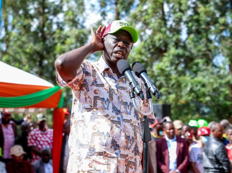 Former DP Rigathi Gachagua addressing the public in Kiharu, Murang'a county yesterday.