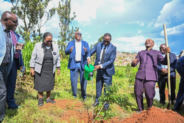 Mount Kigali University Chancellor, Prof Egara Kabaji (centre) waters a newly planted tree as the institution’s Founder, Prof Simon Gicharu (third left)