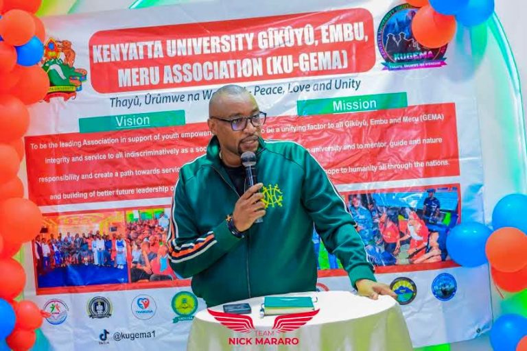 Nick Mararo addressing GEMA comrades where he was the Chief Guest during a fundsdrive on Friday