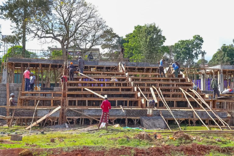 Workers at Othaya stadium yesterday.